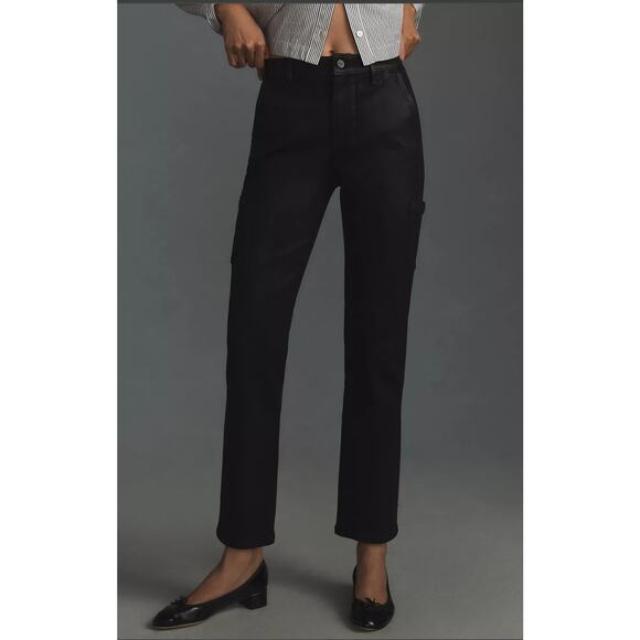 NWT PAIGE Jolie Black Coated Mid-Rise Cargo Jeans - 33 waist